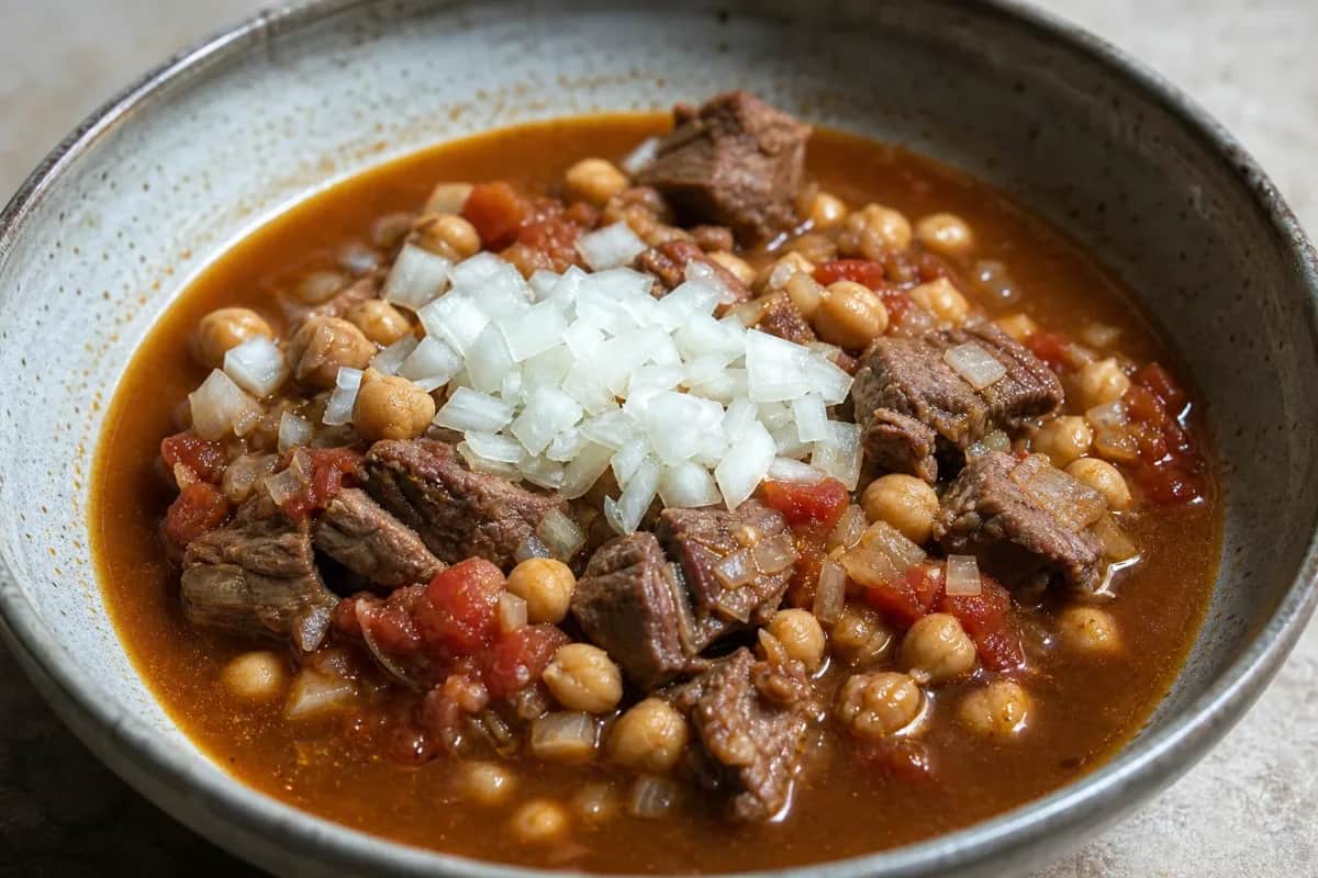 A hearty bowl of Iraqi Tashreeb with tender lamb, chickpeas, and bread soaked in broth, garnished with herbs.