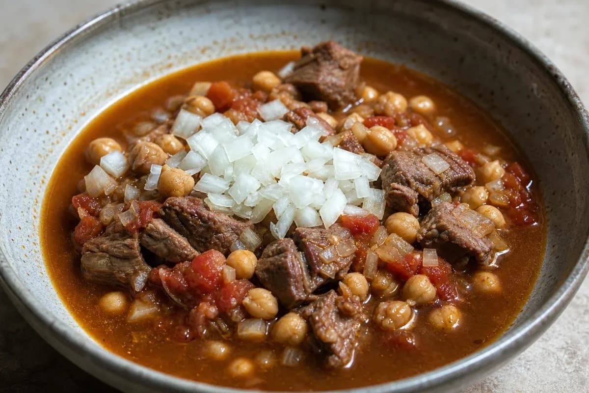 A hearty bowl of Iraqi Tashreeb with tender lamb, chickpeas, and bread soaked in broth, garnished with herbs.
