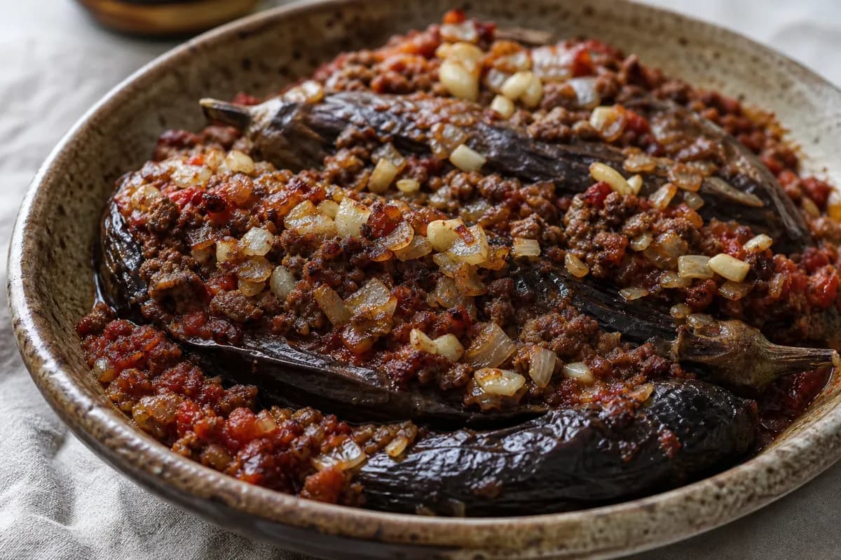 Layered eggplant and meat casserole with rich tomato sauce and spices.