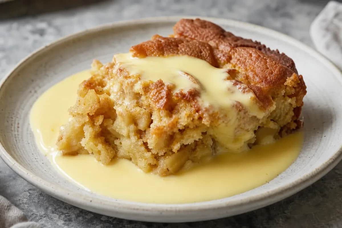A slice of Irish apple cake topped with smooth custard sauce and fresh apple slices.