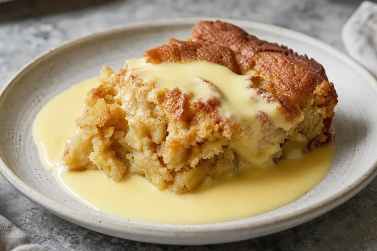 A slice of Irish apple cake topped with smooth custard sauce and fresh apple slices.