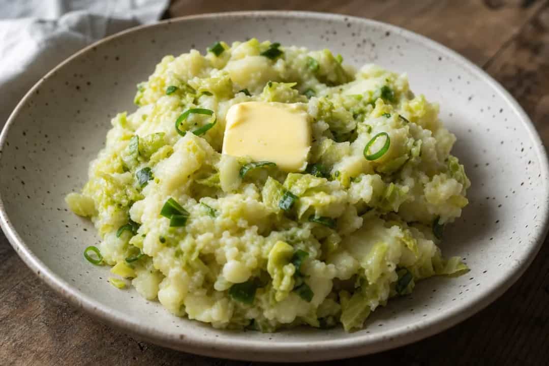Creamy mashed potatoes mixed with sautéed cabbage and green onions, served in a bowl.