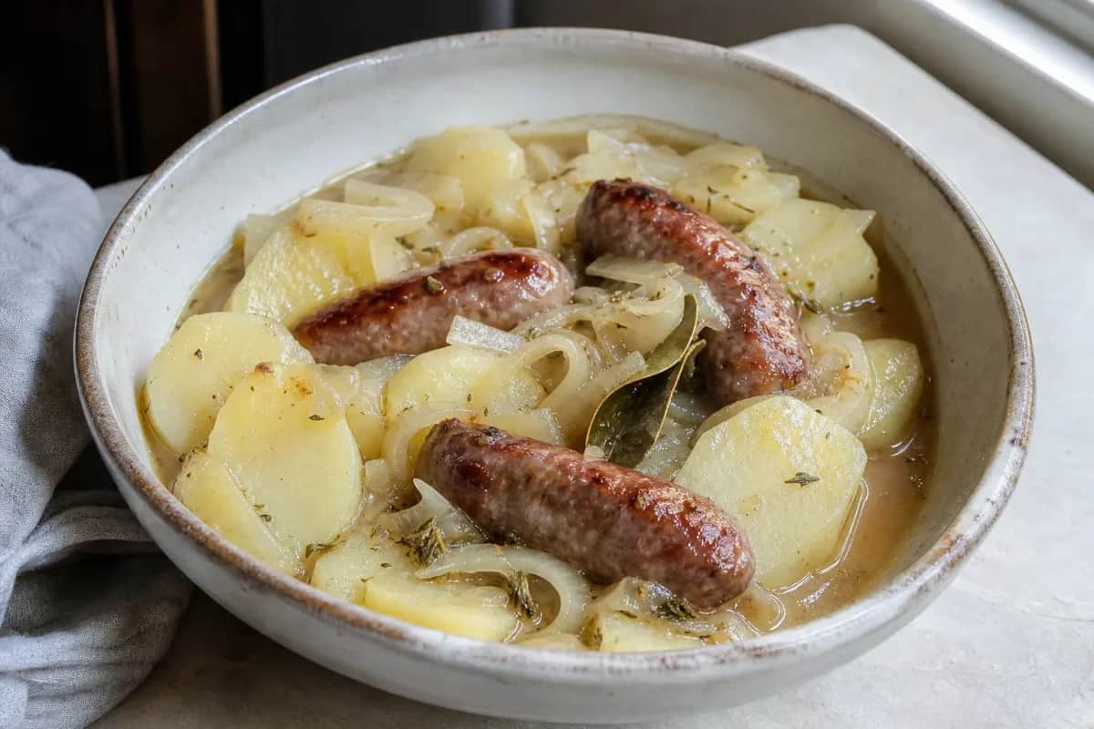 A hearty bowl of Dublin Coddle with golden sausages, tender potatoes, and onions, garnished with parsley.