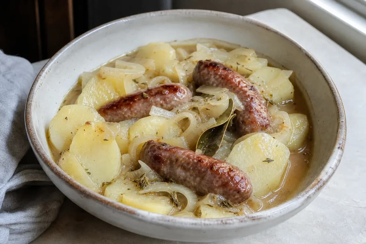 A hearty bowl of Dublin Coddle with golden sausages, tender potatoes, and onions, garnished with parsley.