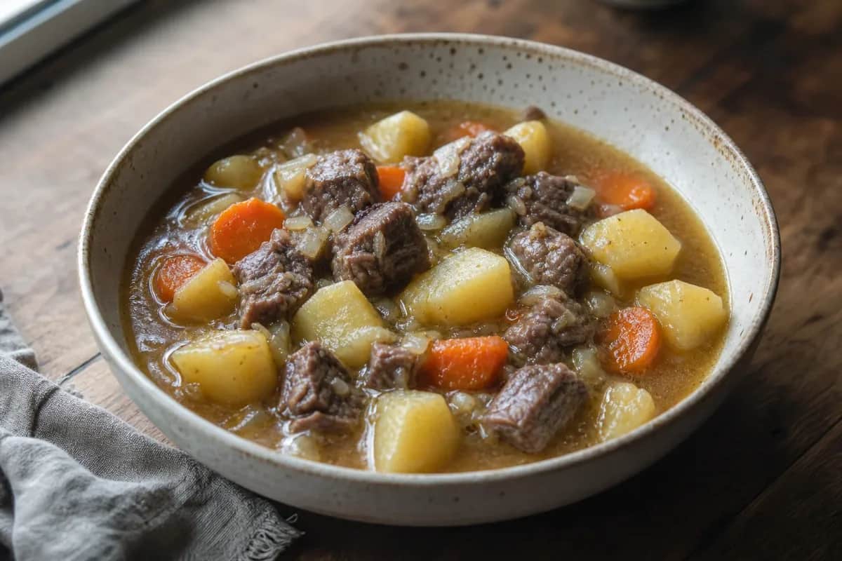A hearty Irish lamb stew with tender meat, potatoes, and vibrant carrots in a rustic bowl.