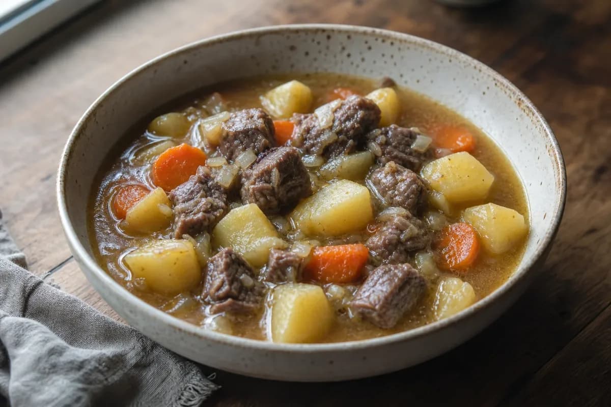 A hearty Irish lamb stew with tender meat, potatoes, and vibrant carrots in a rustic bowl.