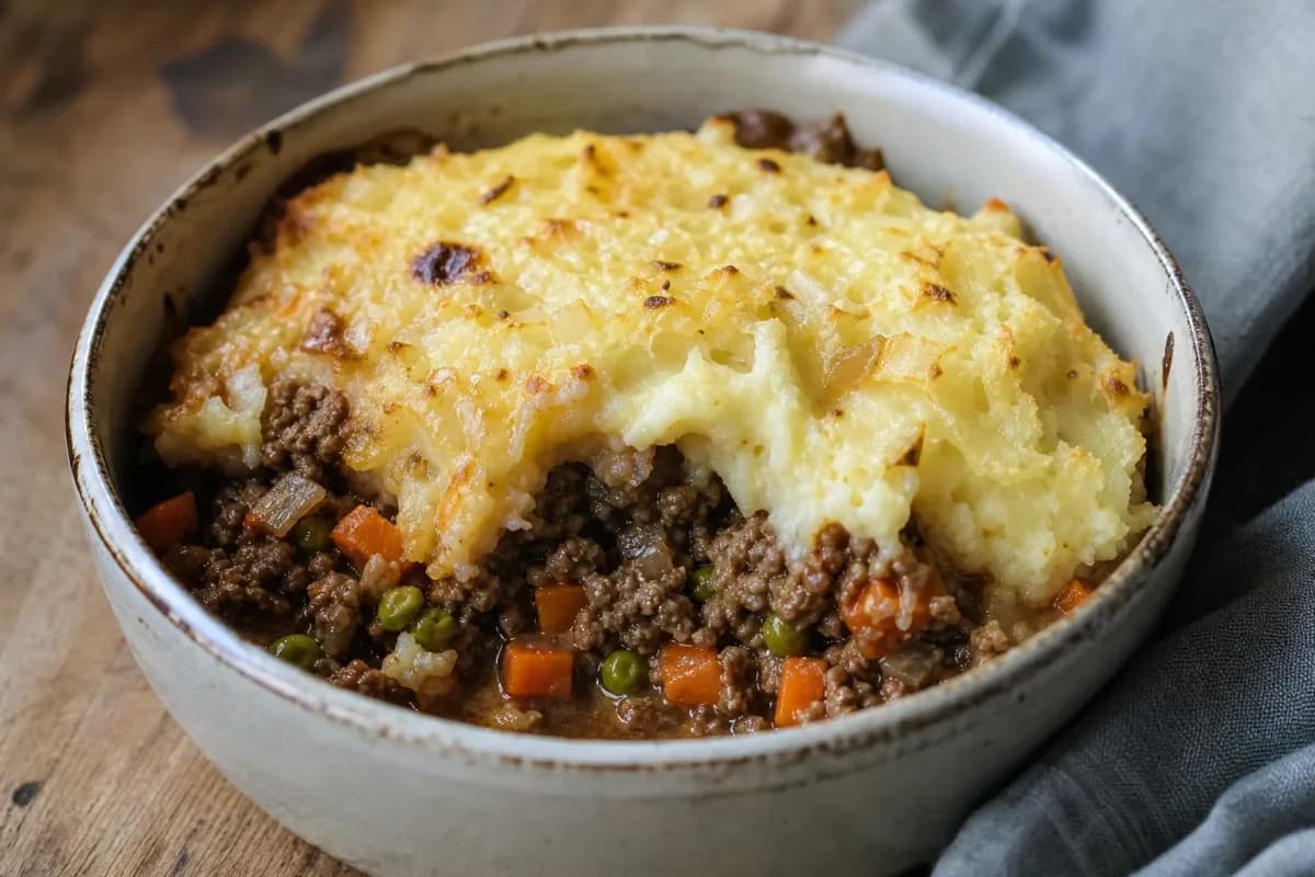 Layered shepherd's pie with golden mashed potatoes, tender lamb, and vegetables, garnished with herbs.