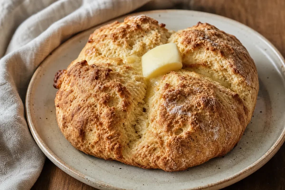 Golden brown Irish soda bread with a rustic crust, sliced to show texture.