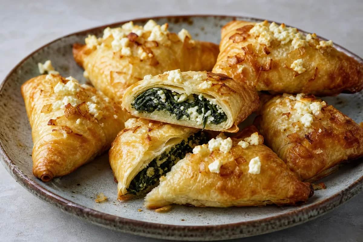 Golden brown bourekas filled with spinach and cheese, garnished with sesame seeds.