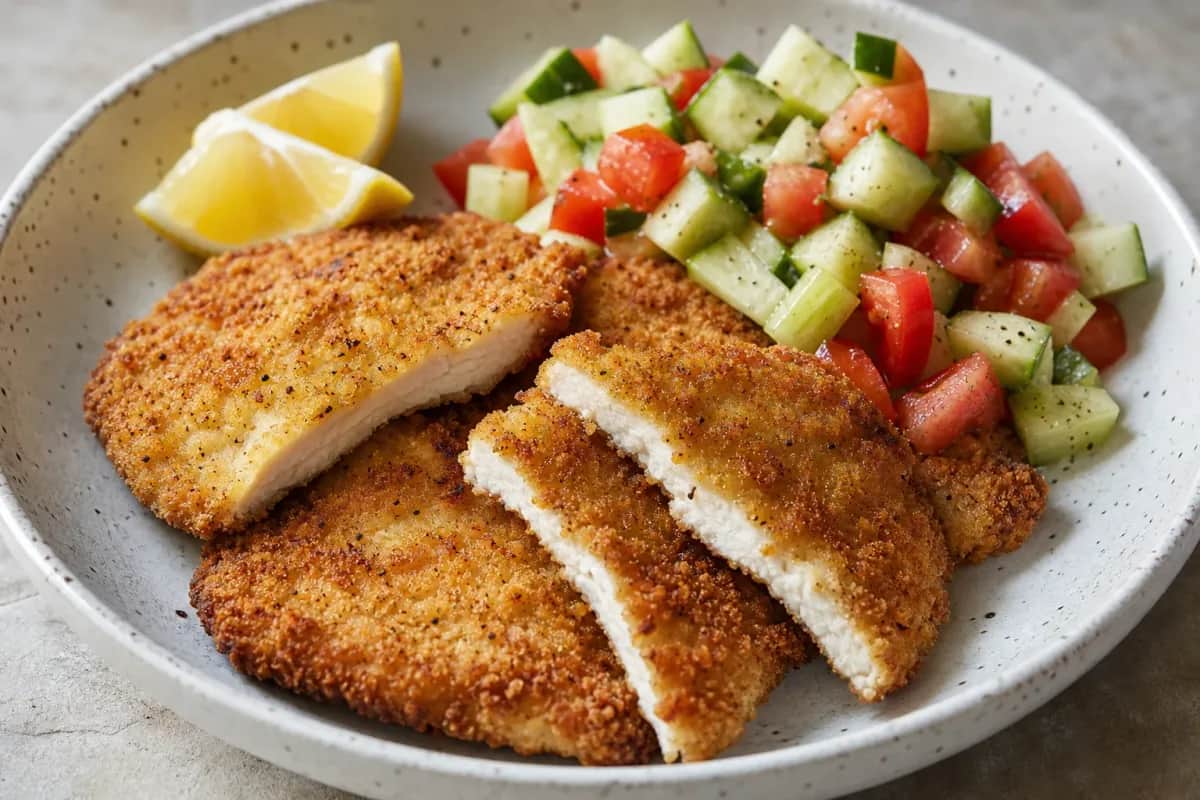 Crispy chicken schnitzel garnished with lemon, alongside a fresh salad with greens and tomatoes.