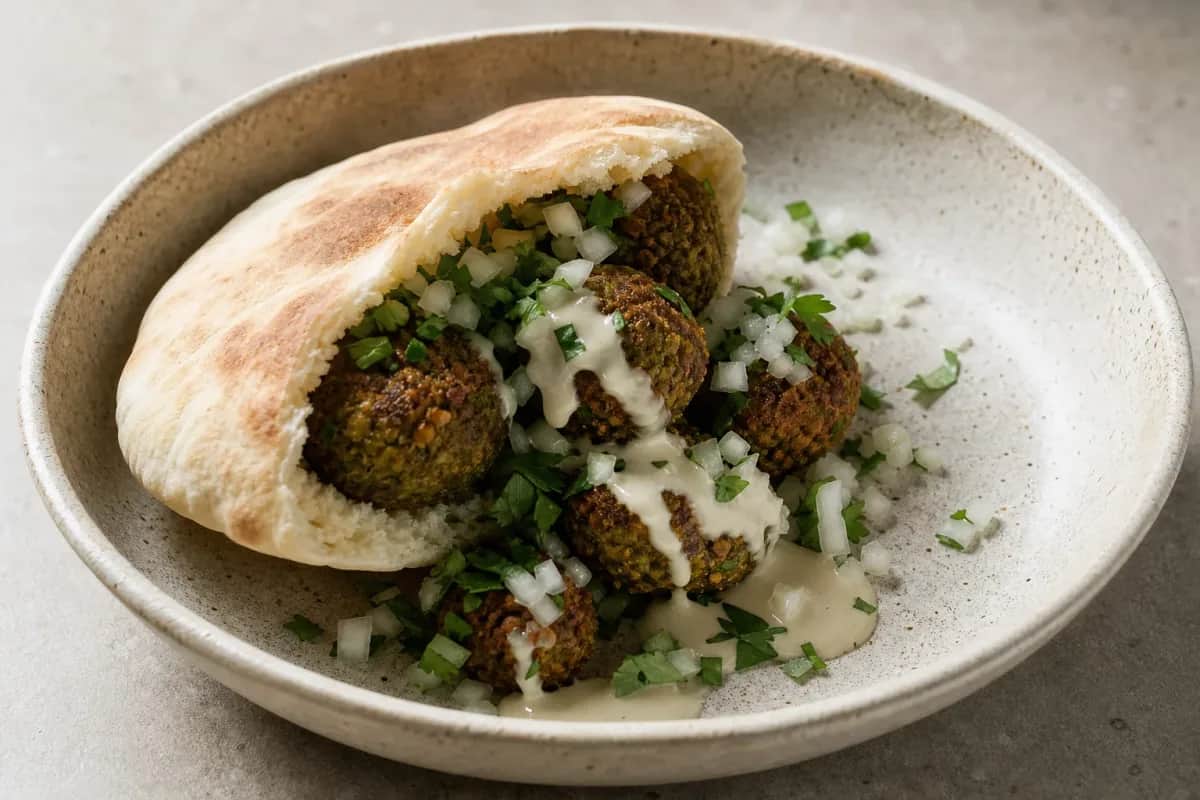 Plated falafel pita with crispy falafel balls, tahini sauce, and fresh vegetables, garnished with herbs.