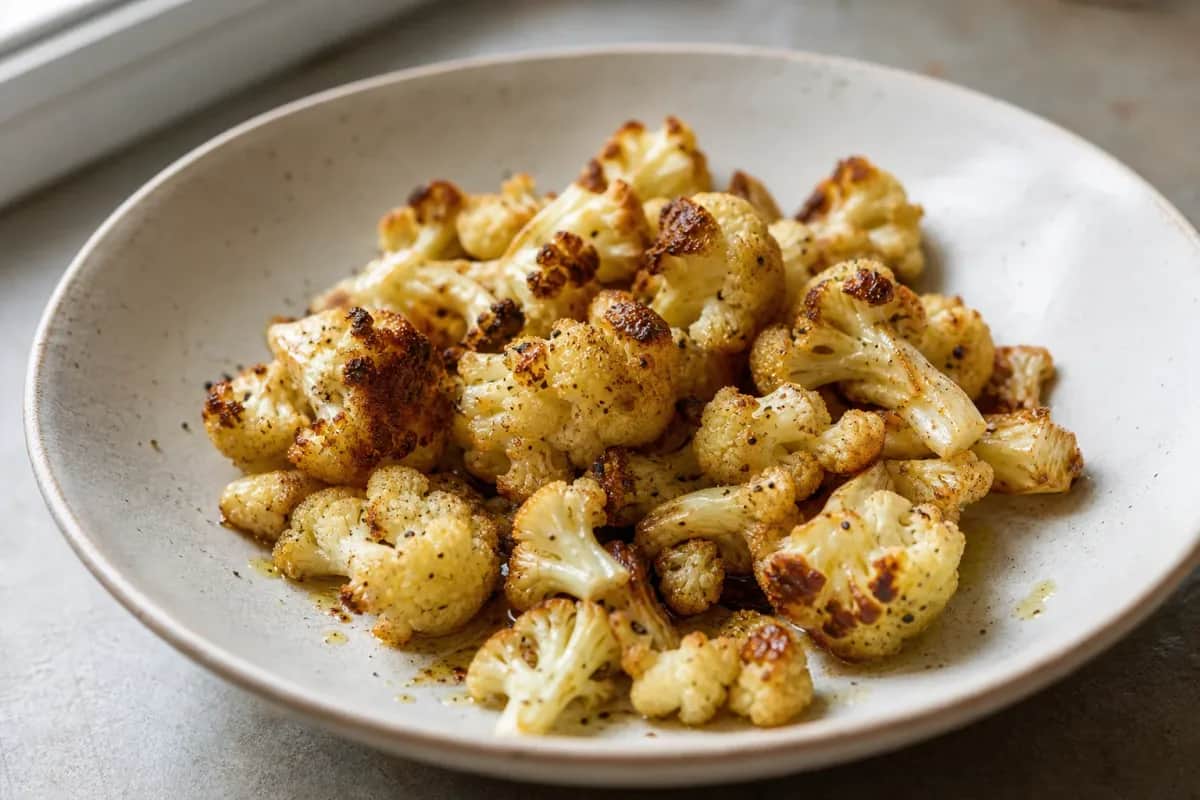 Plated roasted cauliflower drizzled with tahini and garnished with fresh herbs, showcasing golden-brown texture.