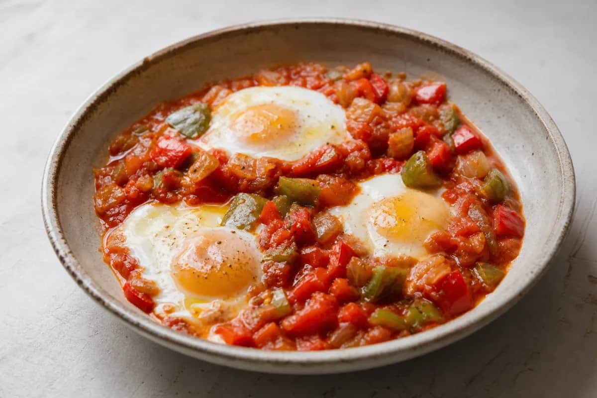 A vibrant shakshuka with poached eggs, red peppers, and tomatoes topped with fresh herbs in a skillet.