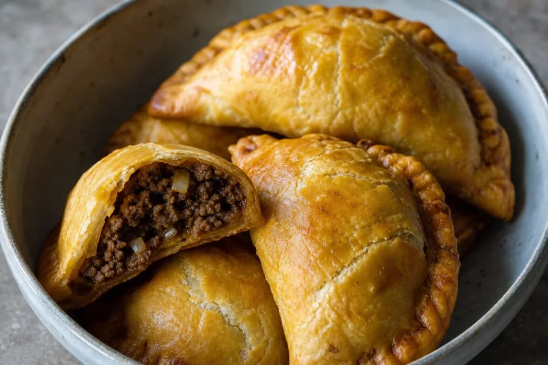 Close-up of Jamaican Beef Patties with Flaky Golden Crust and Spicy Filling, plated dish with natural food texture (dinner recipe)
