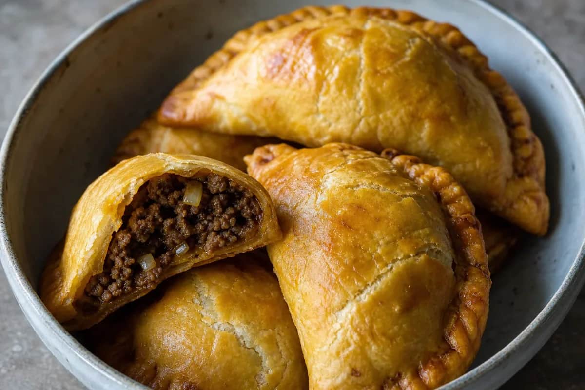 Golden flaky Jamaican beef patties filled with seasoned beef, garnished on a plate.