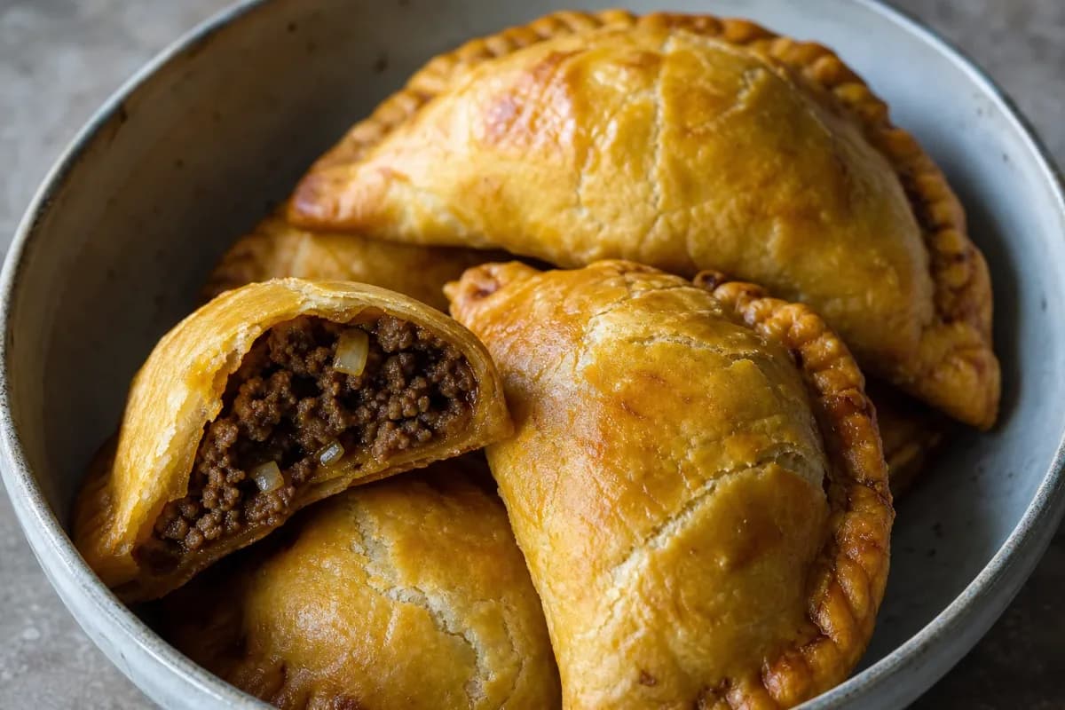 Golden flaky Jamaican beef patties filled with seasoned beef, garnished on a plate.
