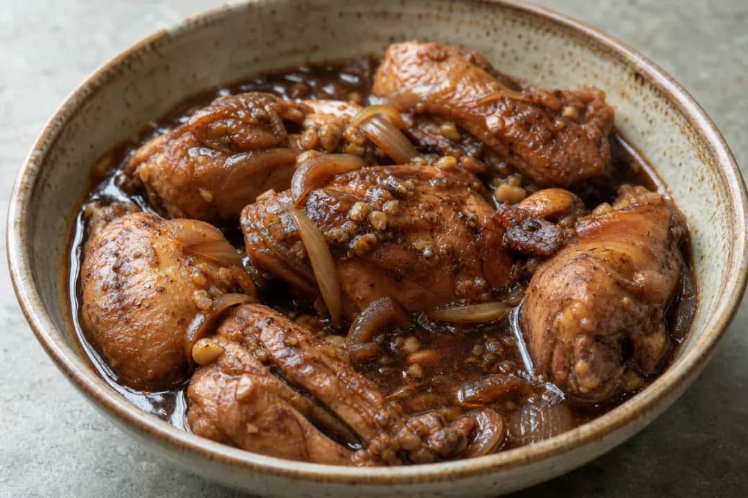 Tender chicken pieces in a rich brown gravy, garnished with bell peppers and herbs.