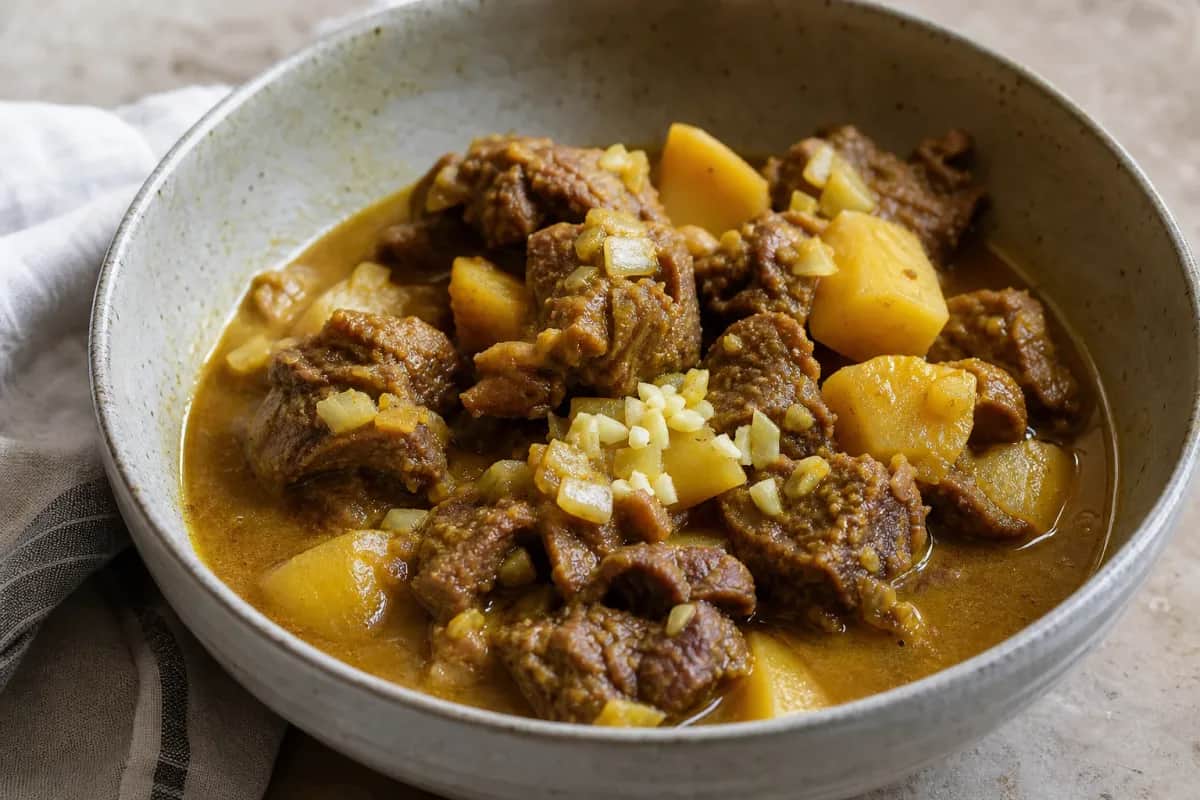 A vibrant plate of Jamaican curry goat with tender pieces of meat and potatoes, garnished with fresh herbs.