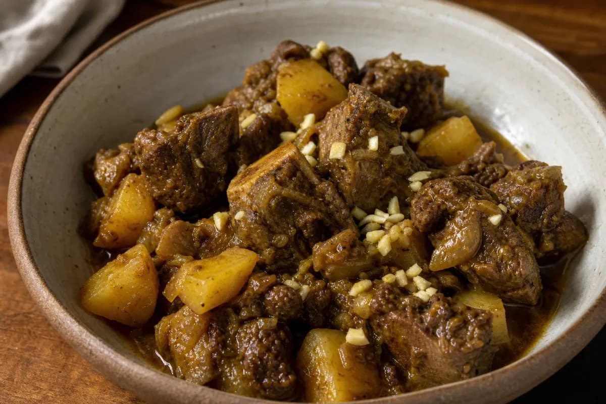Bowl of Jamaican curry goat served with potatoes, garnished with fresh herbs, showcasing rich color and texture.