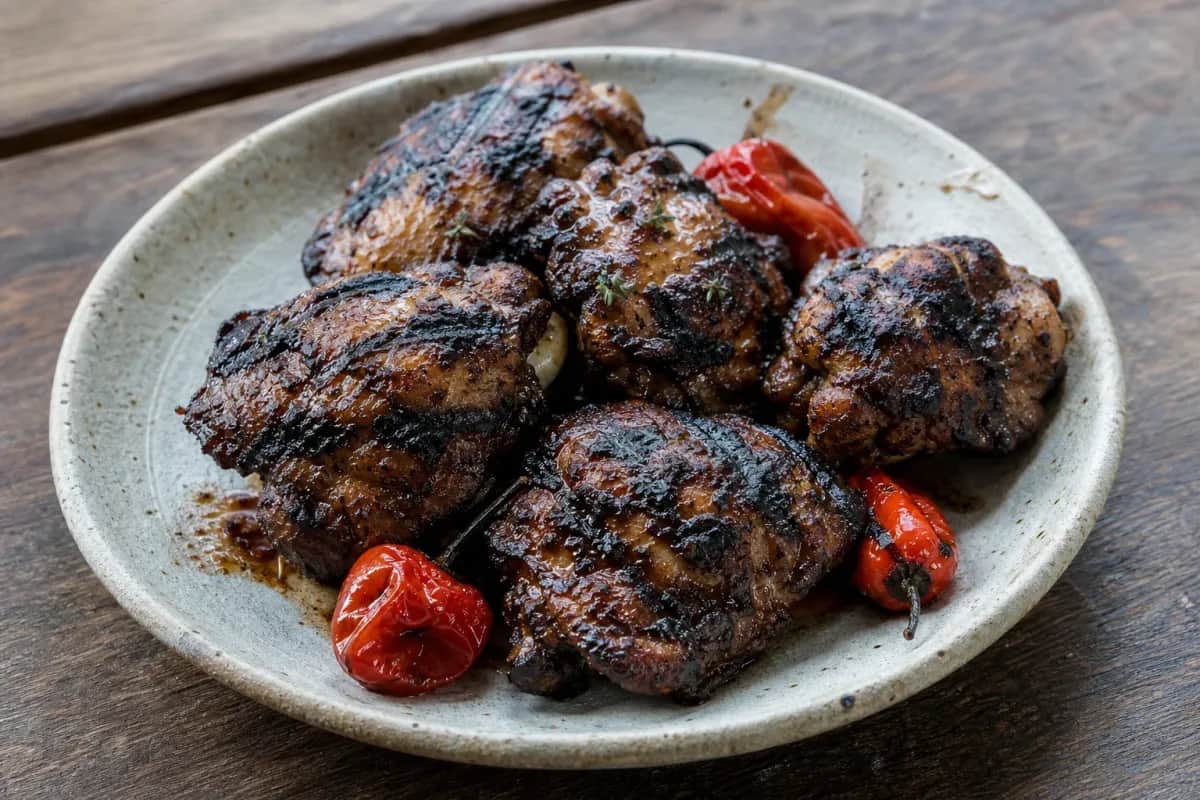 Grilled jerk chicken garnished with herbs, showcasing a smoky char and vibrant spices.