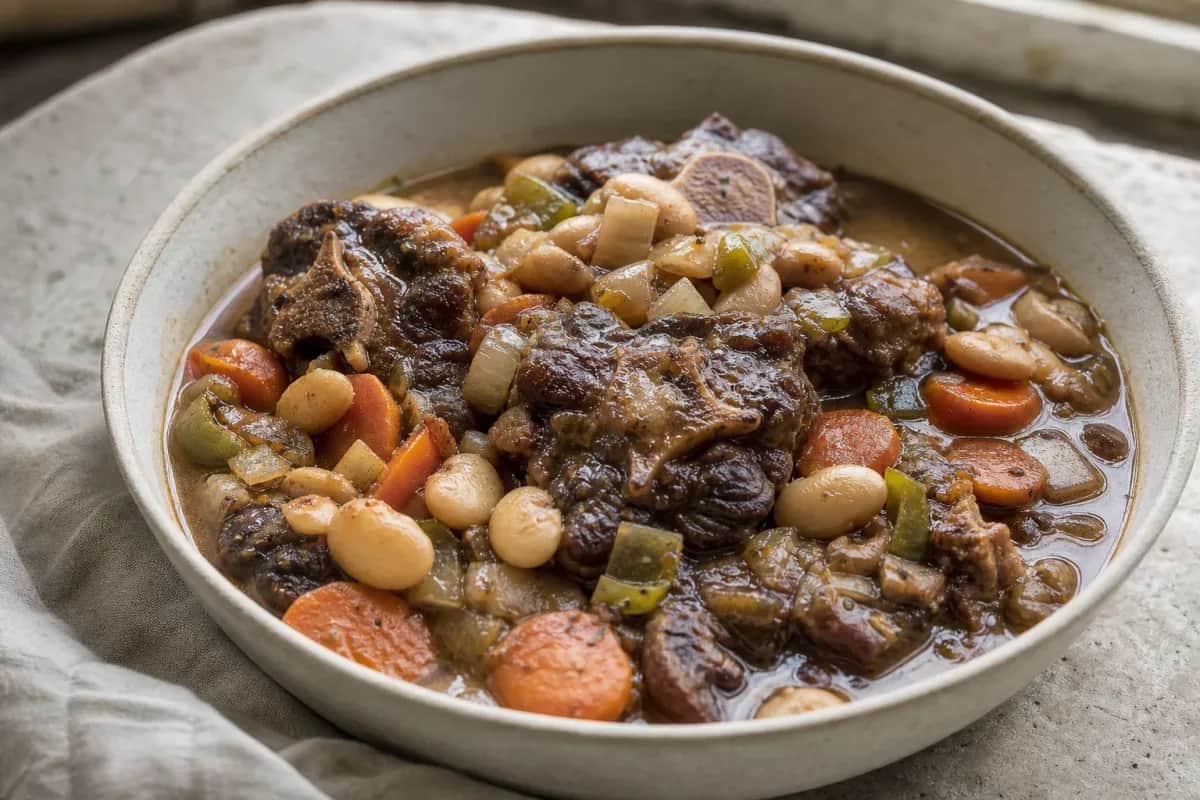 Hearty Jamaican oxtail stew with tender meat and creamy butter beans, garnished with herbs.