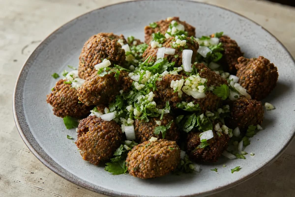 Golden-brown falafel balls served with crispy chickpeas, fresh herbs, and drizzled tahini sauce.