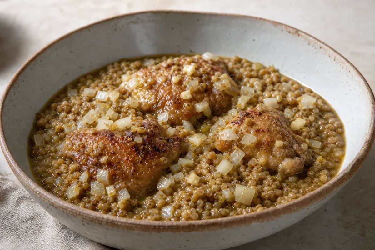 A bowl of freekeh with chicken, garnished with herbs and spices, showcasing a warm, hearty texture.