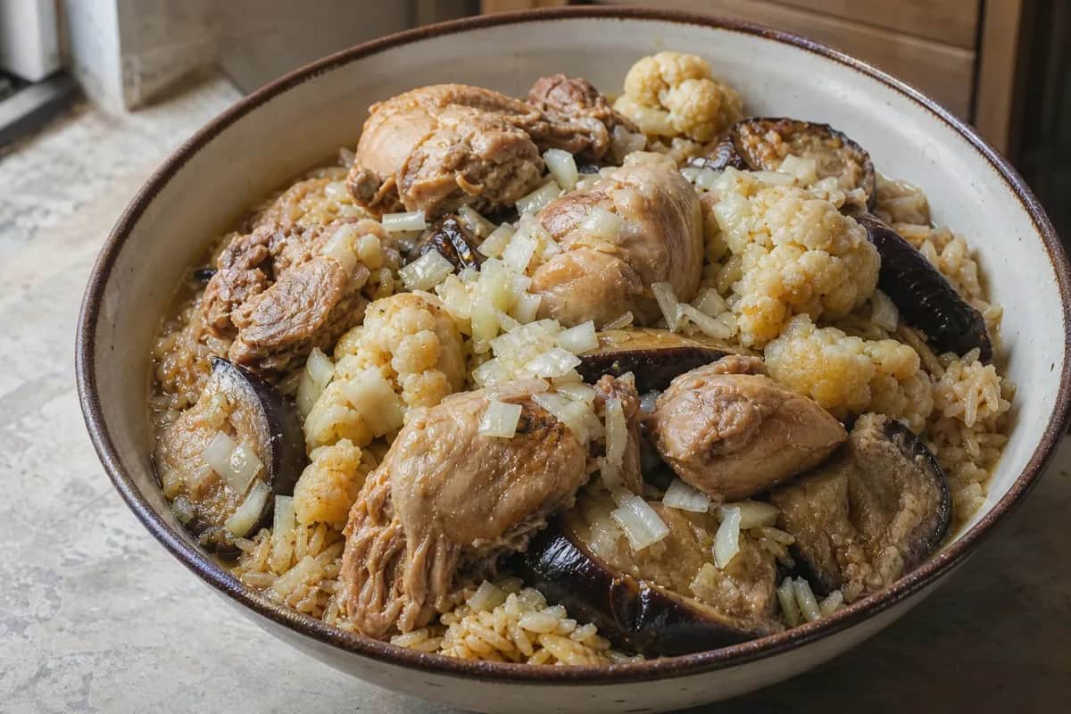 Layered maqluba with chicken, eggplant, and cauliflower, garnished with parsley.
