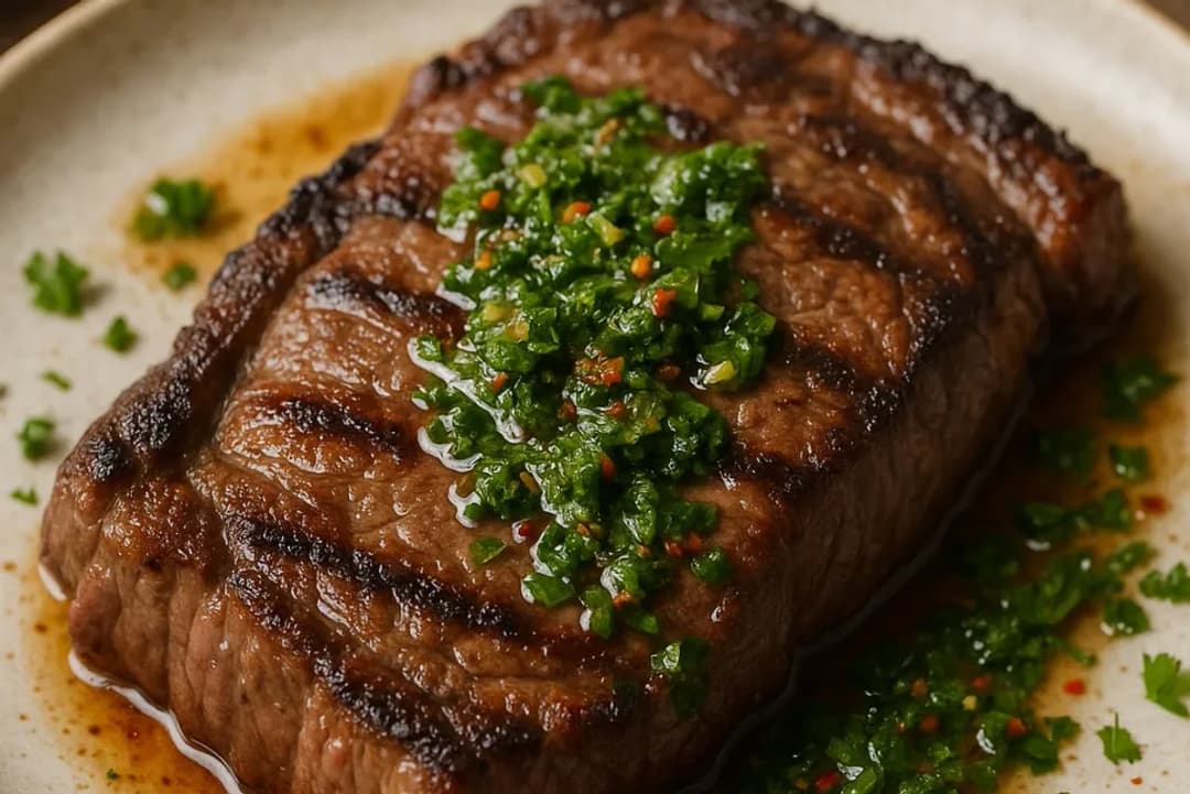 Close-up of Juicy Argentinian Steak with Fresh Chimichurri Sauce, with appetizing sear marks and natural juices (dinner recipe)