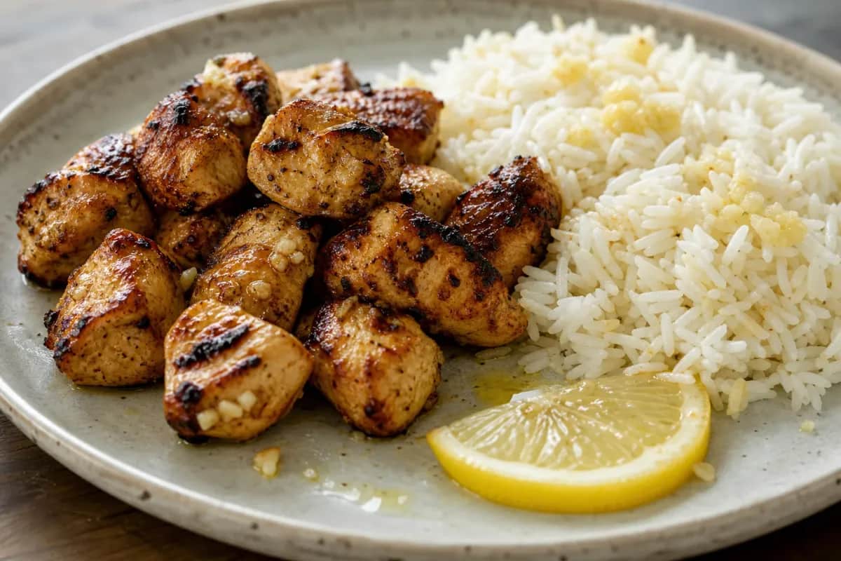 Tender grilled chicken skewers with garlic sauce and fluffy rice garnished with parsley.