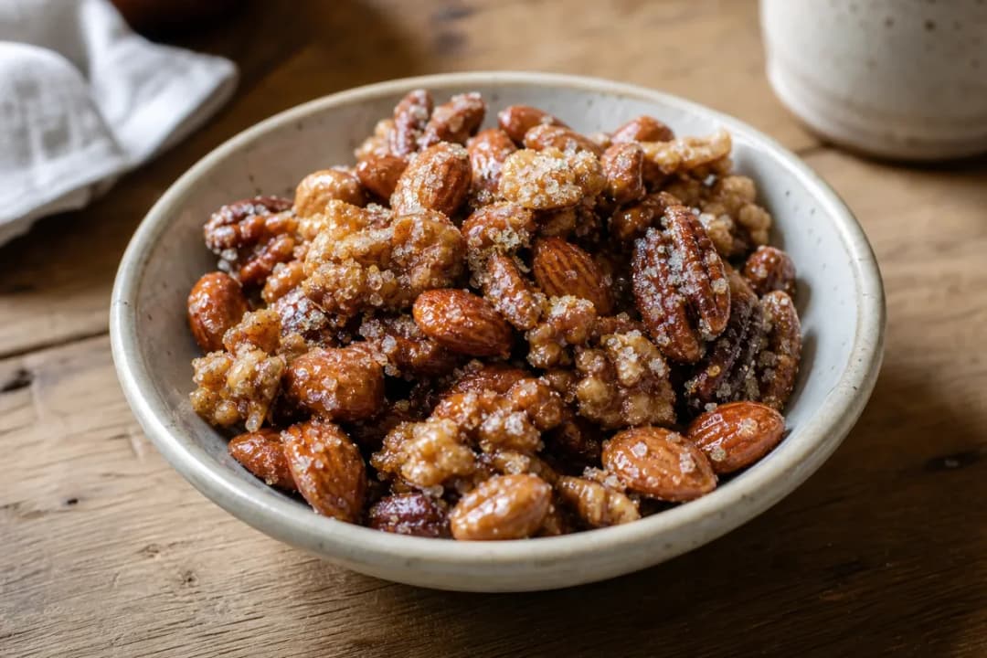 Close-up of Keeping Nuts Crunchy in Desserts with Caramelized Sugar, showing rich texture and finishing garnish