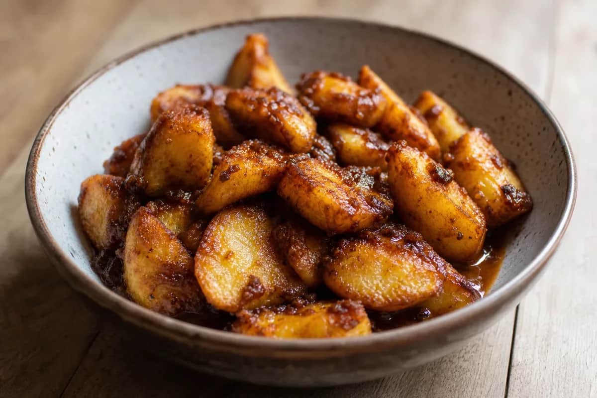 Golden-brown crispy potatoes served with a vibrant tamarind sauce on a plate.