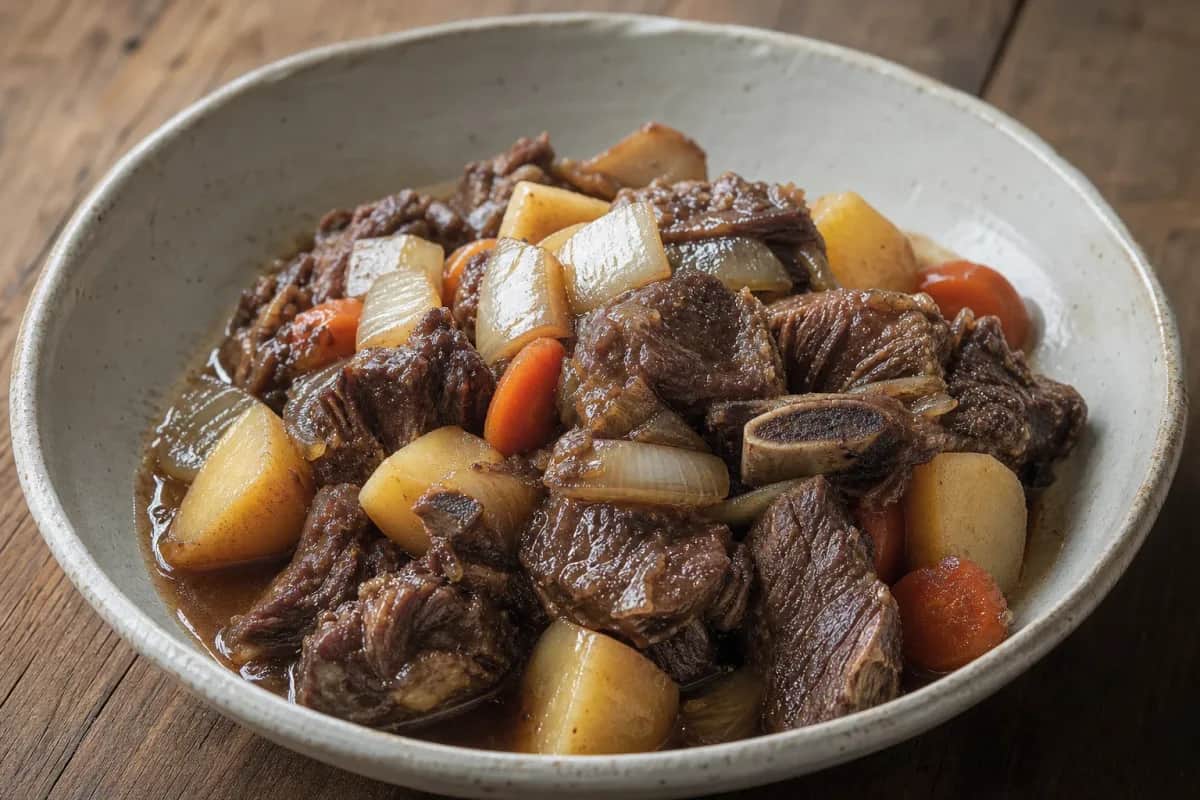 Tender braised beef short ribs served with sliced vegetables in a rich sauce, garnished with sesame seeds.