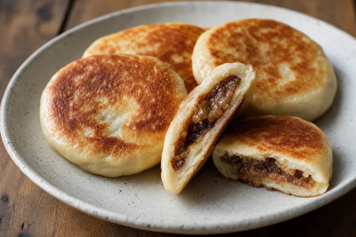 Golden-brown Korean hotteok with a crispy exterior and gooey cinnamon filling, served on a plate.