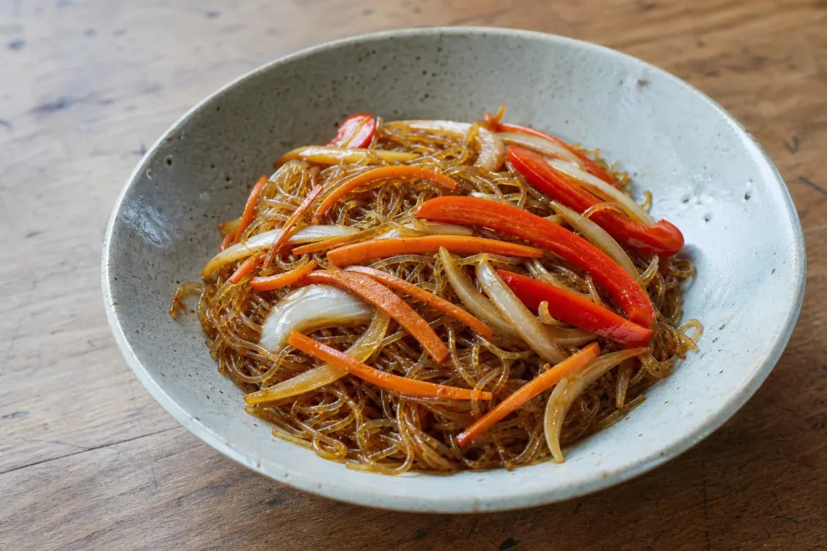 Korean Japchae with Sweet Potato Glass Noodles and Vegetables