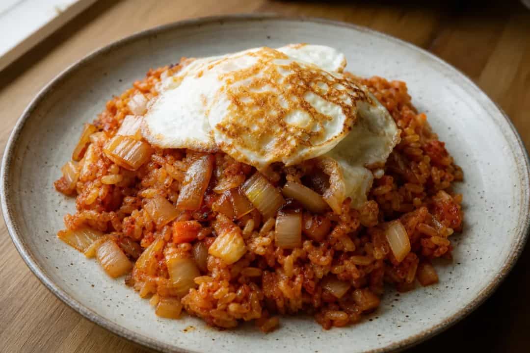 Colorful kimchi fried rice topped with a golden crispy egg and green onions.