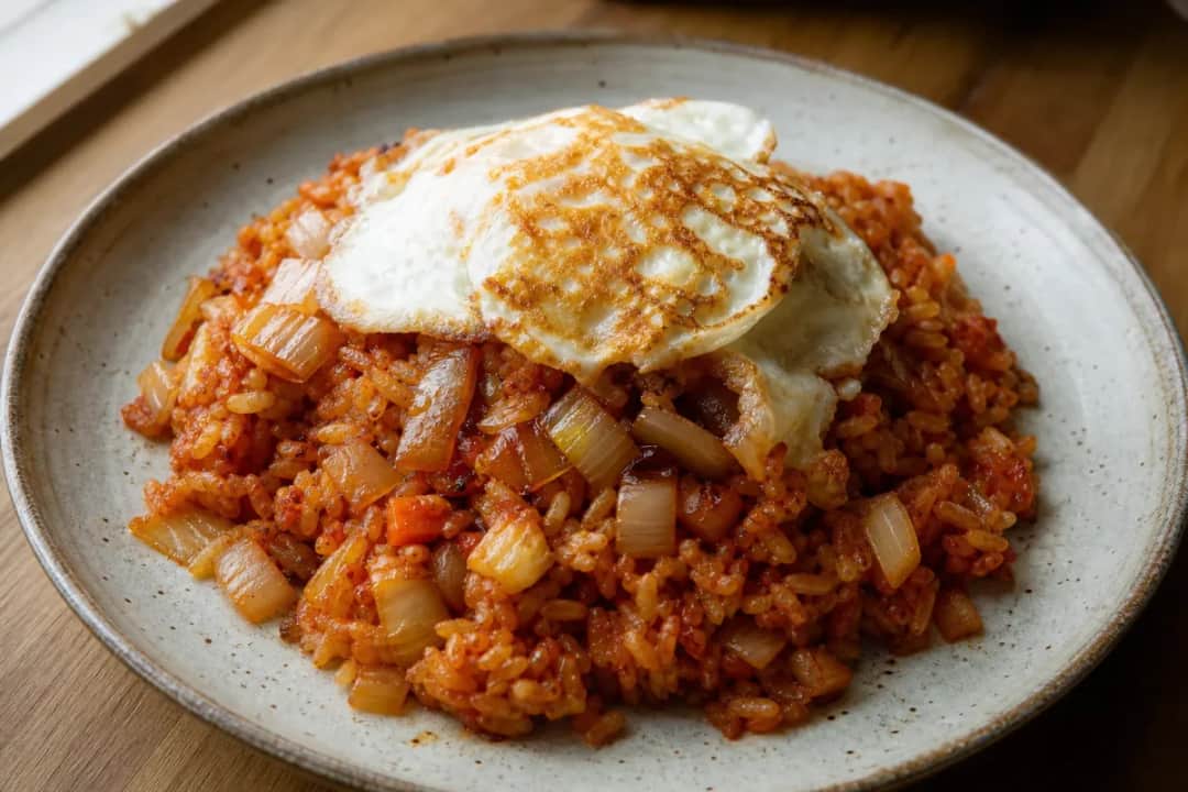 Colorful kimchi fried rice topped with a golden crispy egg and green onions.
