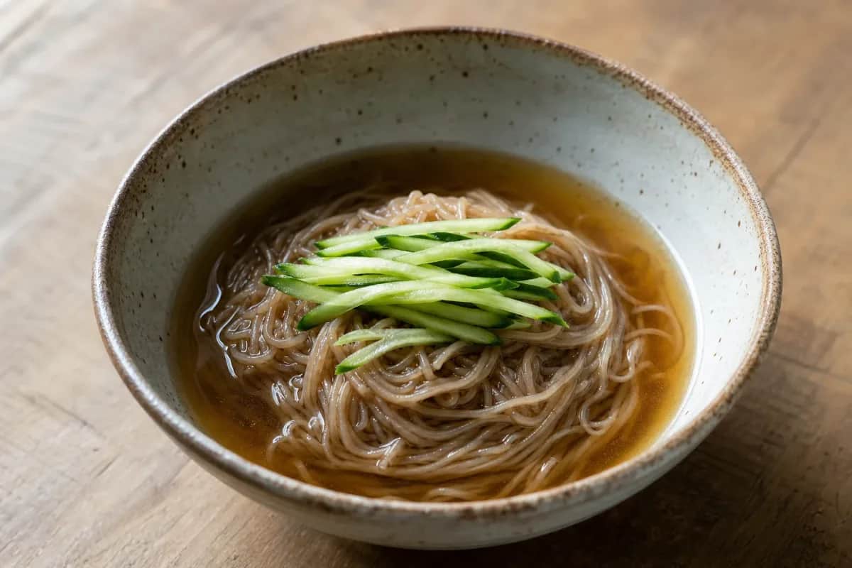 Chilled buckwheat noodles topped with sliced vegetables and boiled egg in a savory broth.