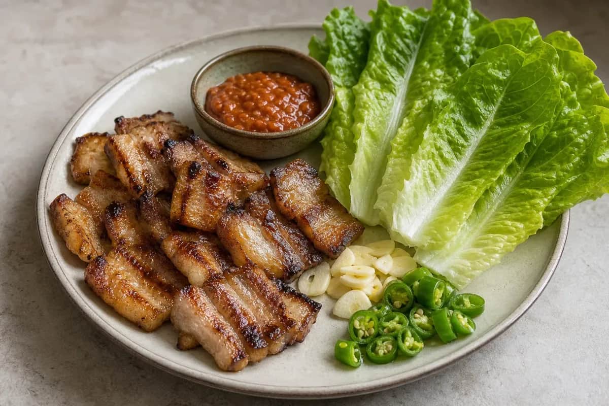 Grilled pork belly slices served with Ssamjang and fresh lettuce wraps, garnished with garlic and green chili.