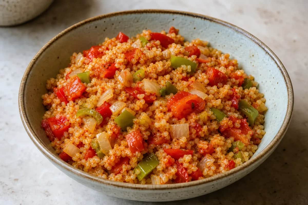 Colorful bulgur pilaf with diced tomatoes and peppers, garnished with herbs.