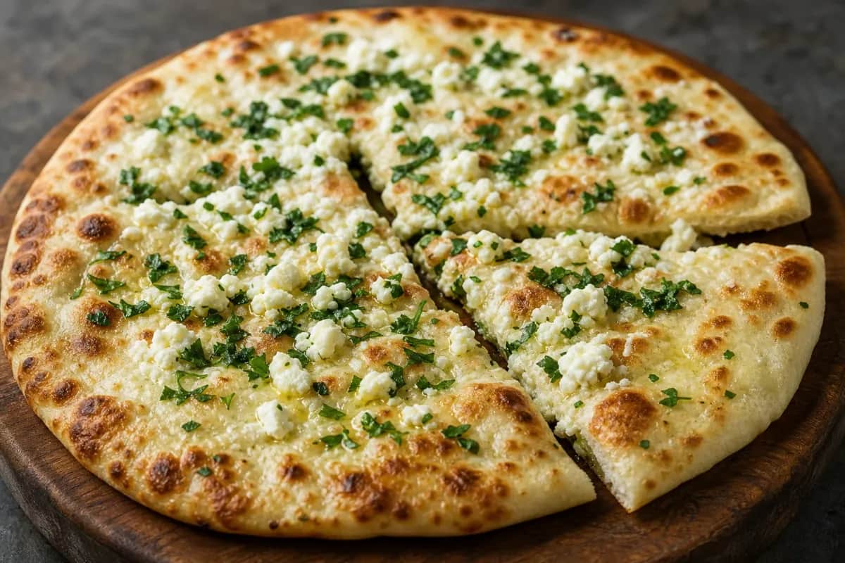Golden-brown flatbread filled with herbs and white cheese, garnished with fresh greens.