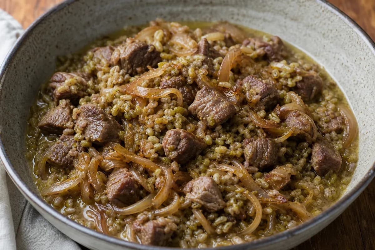 Plated freekeh pilaf with tender lamb chunks, golden caramelized onions, and fresh herbs, showcasing rich textures.