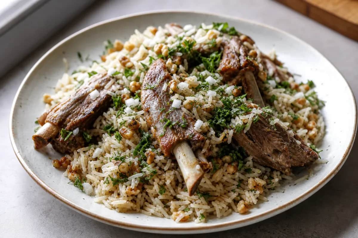 Plated Kurdish stuffed rib showcasing tender meat, colorful rice, and herbs garnished beautifully.