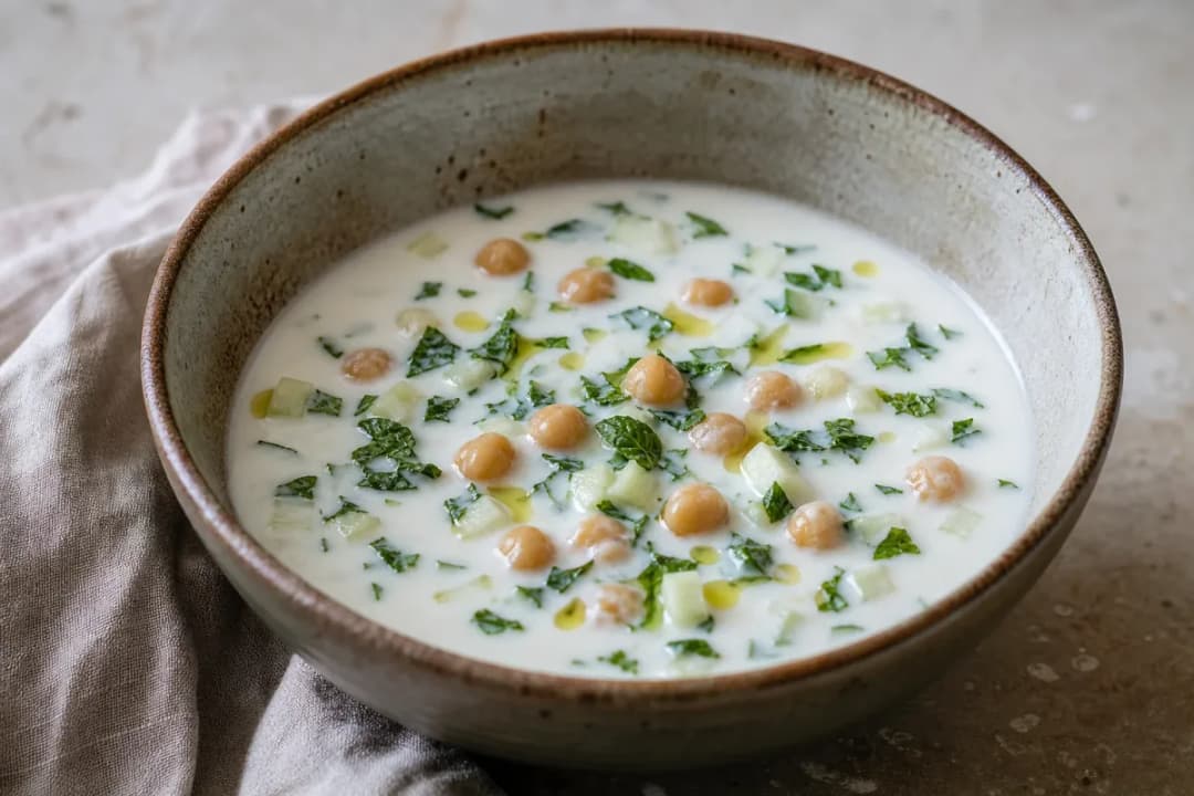 Kurdish Yogurt Soup with Chickpeas and Fresh Mint Garnish
