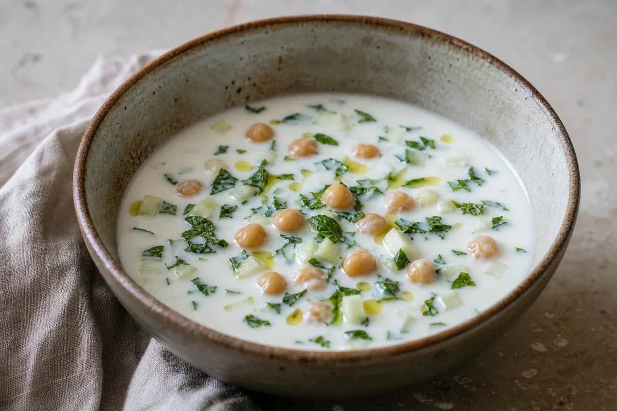 Creamy yogurt soup topped with chickpeas and fresh mint, served in a bowl.