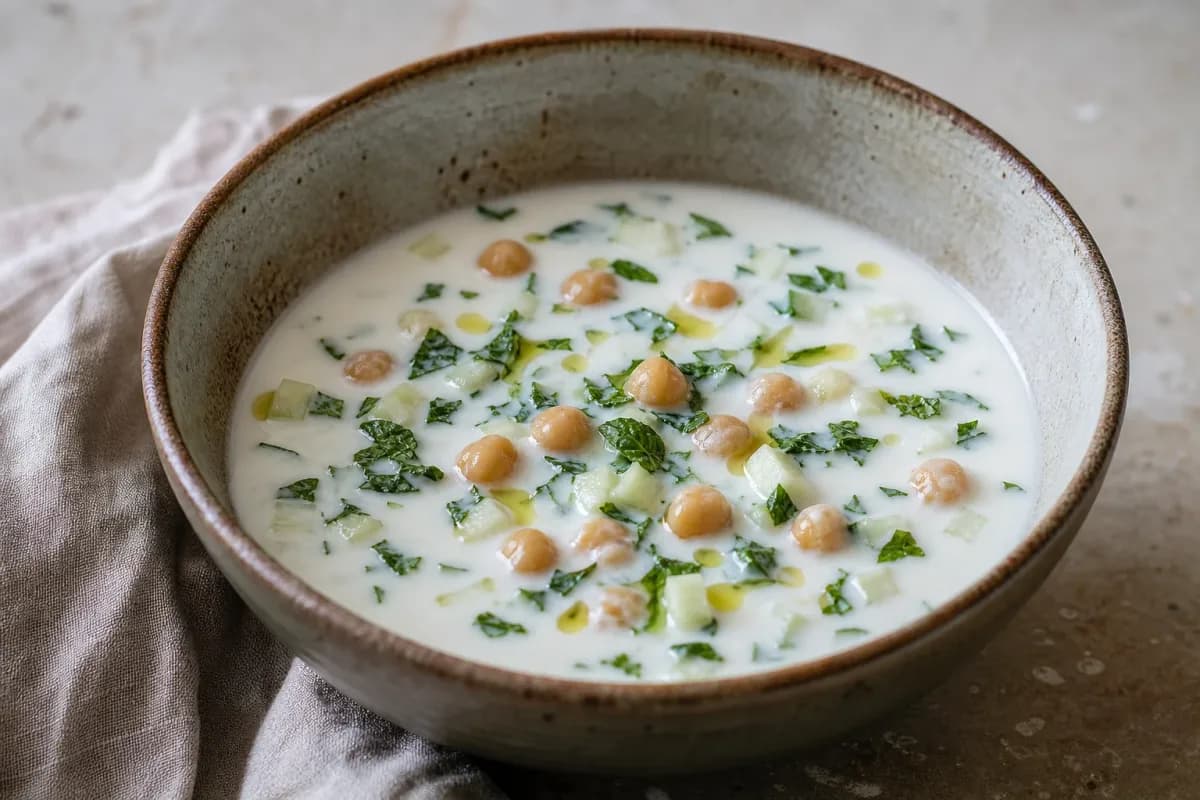 Kurdish Yogurt Soup with Chickpeas and Fresh Mint Garnish