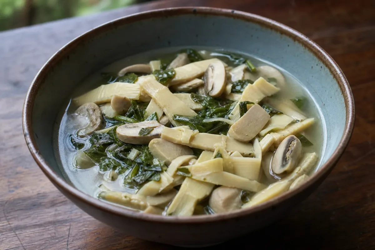 A bowl of bamboo shoot soup with mushrooms, garnished with green herbs, showcasing a rich green broth.