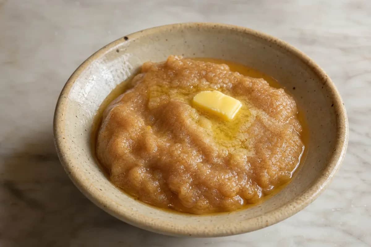 Creamy asida topped with golden honey and melted butter, served in a bowl.