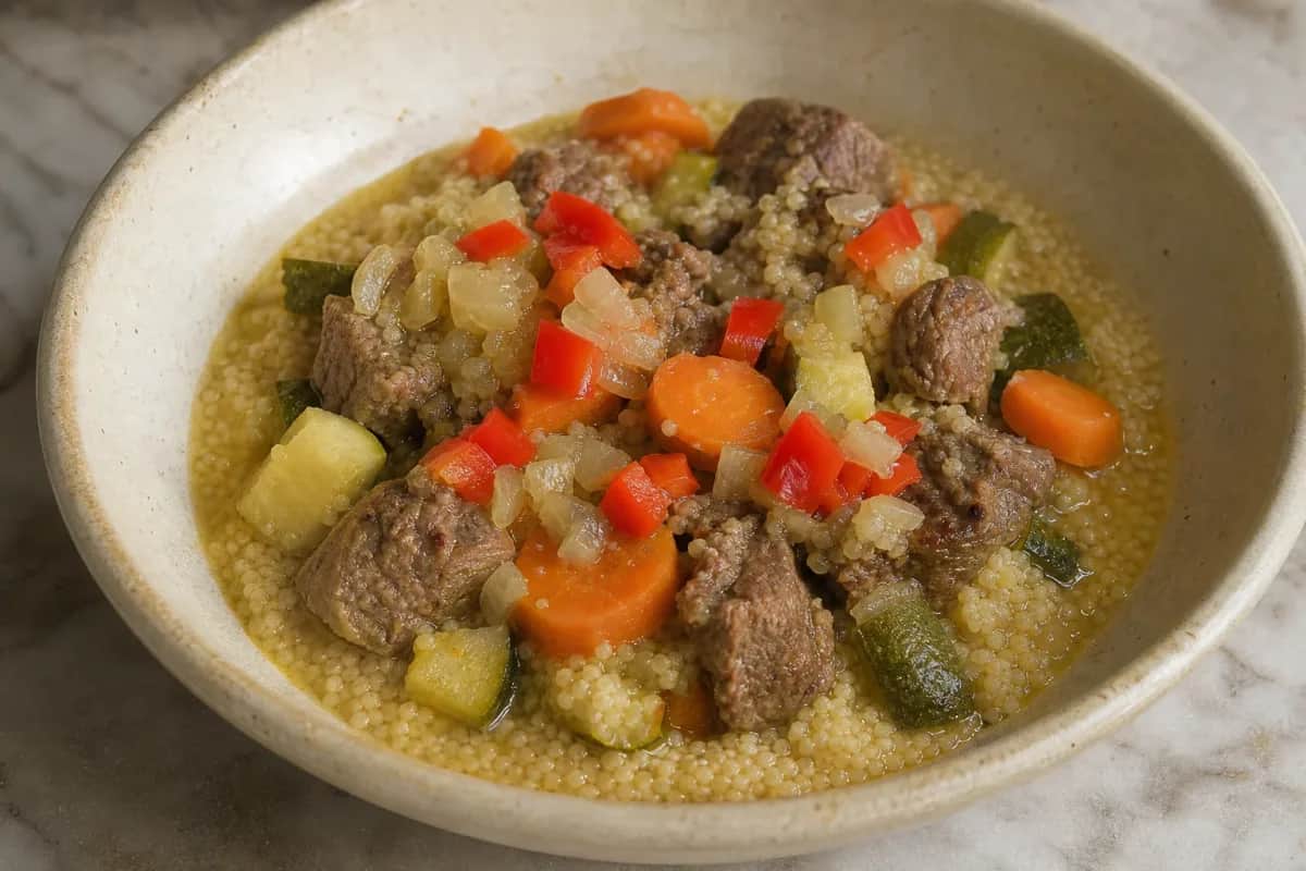 Fluffy couscous topped with tender meat, vibrant vegetables, and herbs in a bowl.