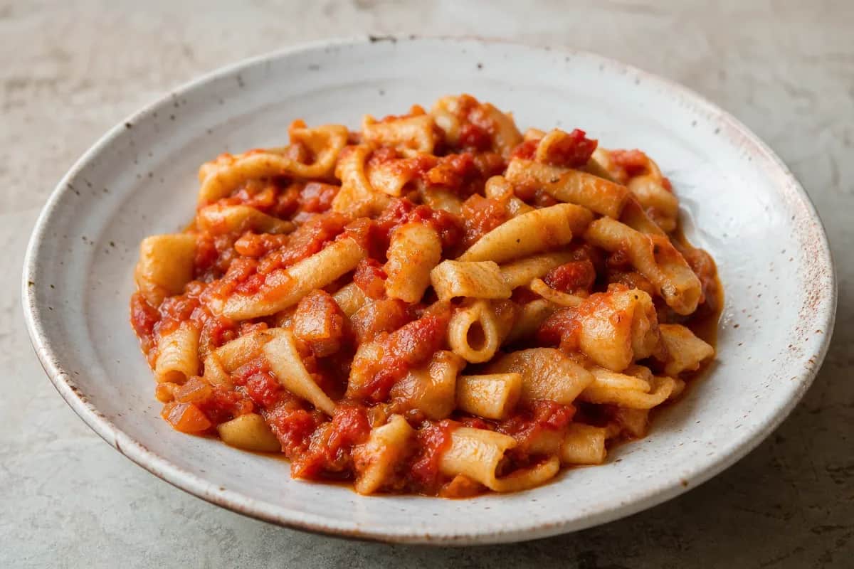 Plated Mbakbaka pasta with rich tomato sauce, garnished with herbs and cheese, showcasing vibrant colors and textures.